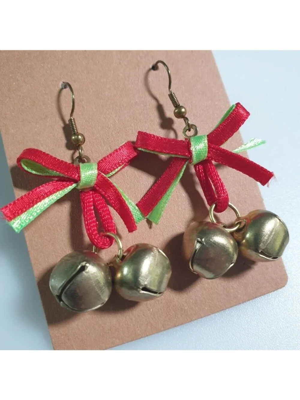 Holiday Jingle Bell Earrings Festive Red Green Ribbon Christmas Hook Lightweight